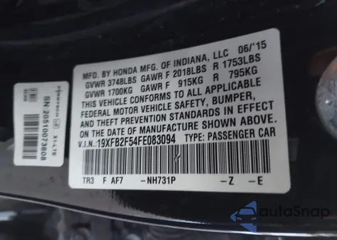 2015 Honda Civic Lx z USA, uszkodzony, nr VIN 19XFB2F54FE083094